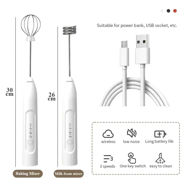 Misturador de cozimento batedor de leite 2-em-1 usb recarregável batedor de ovo elétrico gadgets de cozinha agitador de café thermomix tm6 ferramentas jantar - Image 2