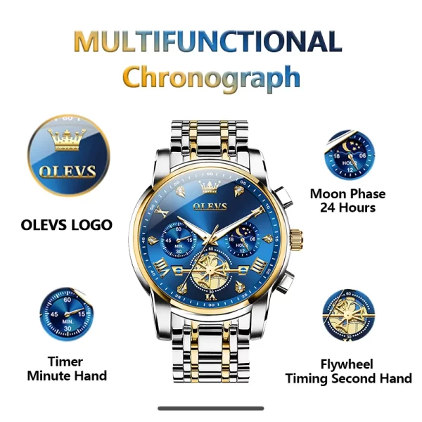 OLEVS Men's Watches Classic Multifunctional Fltwheel Chronograph Original Quartz Wristwatch Moon Phase 24 Hour Waterproof reloj - Image 5