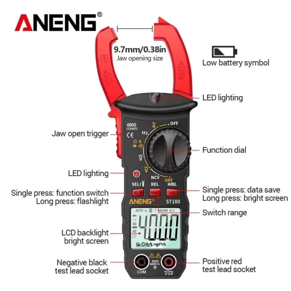 Aneng st180 4000 contagens medidor de braçadeira digital ac multímetro atual amperímetro testador tensão carro amp hz capacitância ncv ohm ferramenta 1pc - Image 5