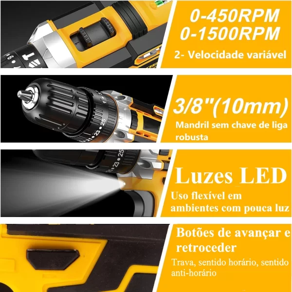 Conjunto de furadeira e chave de fenda sem fio com 2 baterias - Kit de perfuração elétrica profissional de 21V - Image 6