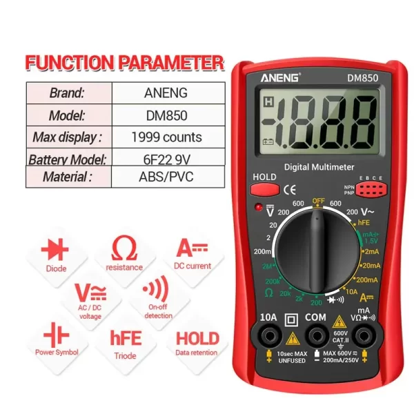 DM850 Professional Digital Multimeter 1999 Auto AC/DC Votage Tester Ohm Current Ammeter Test Probe Professional Detector Tool - Image 6