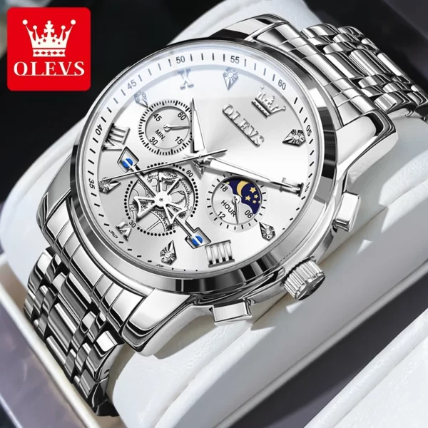 OLEVS Men's Watches Classic Multifunctional Fltwheel Chronograph Original Quartz Wristwatch Moon Phase 24 Hour Waterproof reloj - Image 10