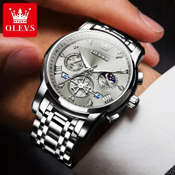 OLEVS Men's Watches Classic Multifunctional Fltwheel Chronograph Original Quartz Wristwatch Moon Phase 24 Hour Waterproof reloj - Image 3